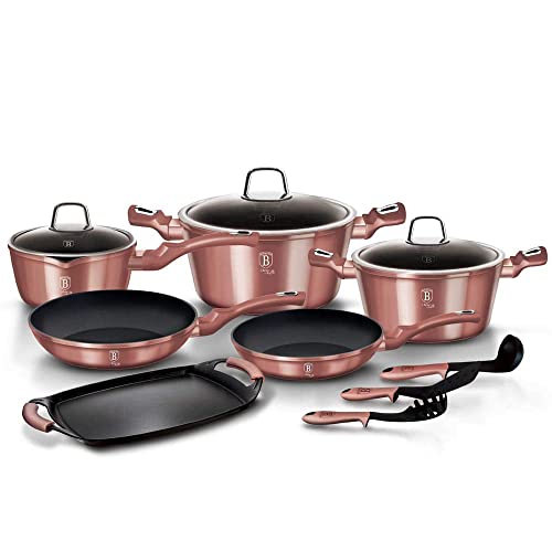 Berlinger Haus I-Rose Batterie de Cuisine à Induction 12 Pièces Antiadhésive Titane sans PFOA, Aluminium, 3 Casseroles 3 Couvercles 2 Poêles, Plaque à Griller 3 Ustensiles de Cuisine, Design Moderne