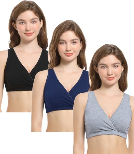 CAKYE 3 Pack Cotton Maternity Nursing Bras Breastfeeding Sleep Bralette Postpartum Bra (Large)