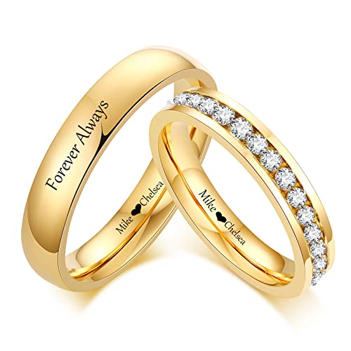 Personalized Matching Promise Rings for Couples with 2 Rings Wedding Rings Set for Him and Her Gold,Wedding Band for Women Cubic Zirconia Ring,Mens Engagement Rings Tungsten Size 5-13