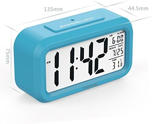 Morning Alarm Clock, Superway Morning Call Home Smart Light Table Desk Calendar LED Digital Travel Alarm Clock Date Display Repeating Snooze and Sensor Light + Night Light + Temperature - Blue