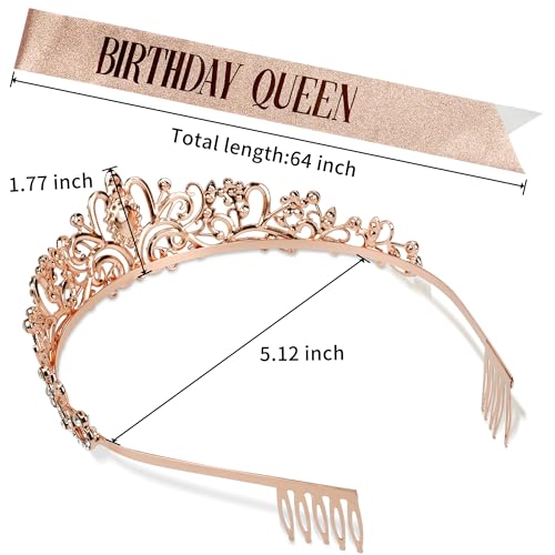 Image of Fesciory Birthday Crown for Women, Gold Plated Crystal Tiara with Sash