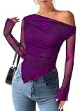 PRETTYGARDEN Womens Fall Trendy Off Shoulder Y2k Tops 2026 Tie Dye Mesh Long Sleeve Shirts Asymmetrical Ruched Floral Blouse (Print Purple,Small)