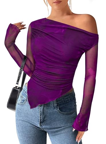 PRETTYGARDEN Womens Fall Trendy Off Shoulder Y2k Tops 2025 Tie Dye Mesh Long Sleeve Shirts Asymmetrical Ruched Floral Blouse (Print Purple,Small)