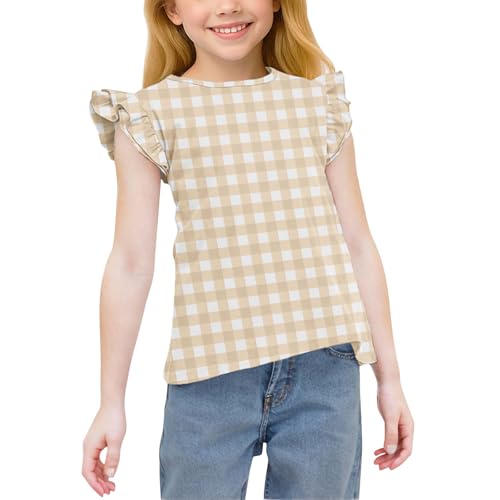 Girls Cute Plaid Ruffle Flutter Sleeve T-Shirts Casual Loose Crewneck Tees Summer Tops for Kids 3-15 Years