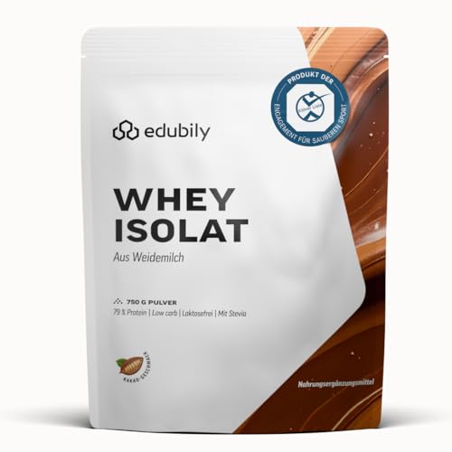 edubily® Whey Protein Isolat - Laktosefrei - Sehr gut lösliches Eiweißpulver ohne Kohlenhydrate & Zucker - Aus irischer Weidehaltung (750 g, Kakao mit Stevia)