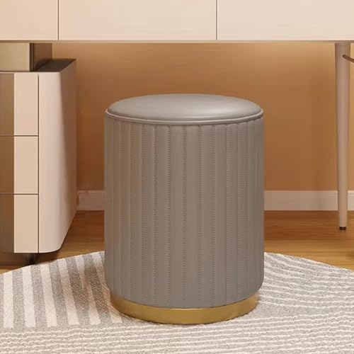 Taburete redondo de terciopelo otomano bajo de cuero tapizado con base de metal para sala de estar, dormitorio, tienda, elegante decoración gris para el hogar (13 x 16.5 pulgadas)