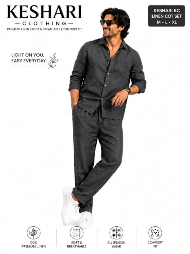 Image of Men's Premium Linen Co-Ord Set | Regular Fit Full Sleeve Solid Shirt with Drawstring Trouser | Breathable Linen Casual Outfit for Summer, Travel, Beach, Vacation & Daily
