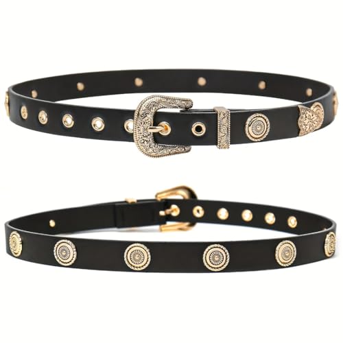 Women’S Studded PU Leather Belt Western Punk Style 2.3Cm Wide Casual Waistband For Dresses Pants Jeans4