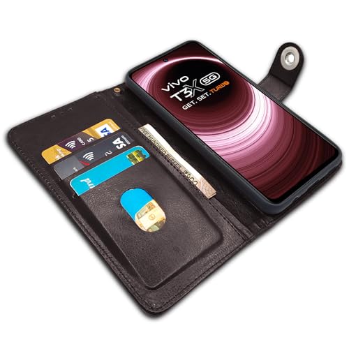 Image of Pikkme Vivo T3x 5G / Vivo Y200i 5G Flip Cover Leather Finish | Inside TPU with Card Pockets | Wallet Stand and Shock Proof | Complete Protection Button Flip Case (Coffee)