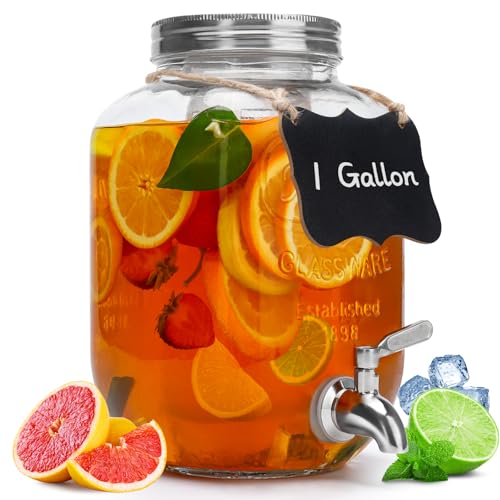 1 Gallon Glass Beverage Dispenser with Lid, Stainless...