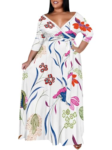 Image of PinkPatty Women's Plus Size Maxi Dress Print 3 /4 Sleeves V Neck Party Sundress Wedding Guest Dresses
