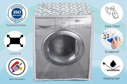Image of Stylista PVC Washing Machine Cover Compatible for IFB 8 KG Fully-Automatic Front Loading SENATOR NEO SXS 8012, Waterproof and Dustproof, Floral Pattern Light Gray