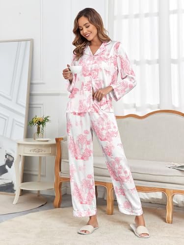 Image of Brosloth Women's Silk Satin Pajamas Pjs Sets Cute Lace Pattern Two Piece Loungewear Set Button Up Pajamas Sleepwear Black