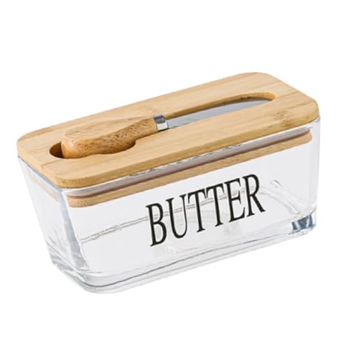 Generic Mantequera Hermética de Vidrio con Cortador para Encimera y Refrigerador, Mantequera Transparente para Cocina, Bandeja de Madera y Vidrio con Capacidad de 500 Ml (Naturaleza Madera Color)