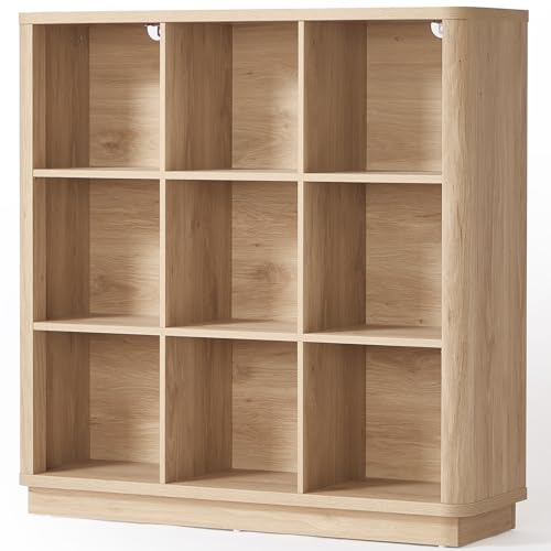 Joaxswe 9 Cube Storage Book Shelf 41 Tall Organizer Bookshelf with Curved Edge Modern Floor Standing 3-Tier Cubby Bookcase with Base Wood Display Book Case for Living Room Home Office Natural Oak