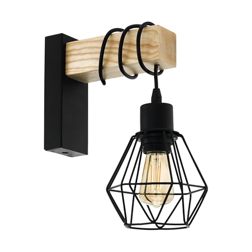 Eglo Applique murale intérieure Townshend 5, luminaire d’intérieur au design vintage et industriel, lampe retro en acier noir et bois, certifié FSC, douille E27 Eglo Applique murale intérieure Townshend 5, luminaire d’intérieur au design vintage et industriel, lampe retro en acier noir et bois, certifié FSC, douille E27