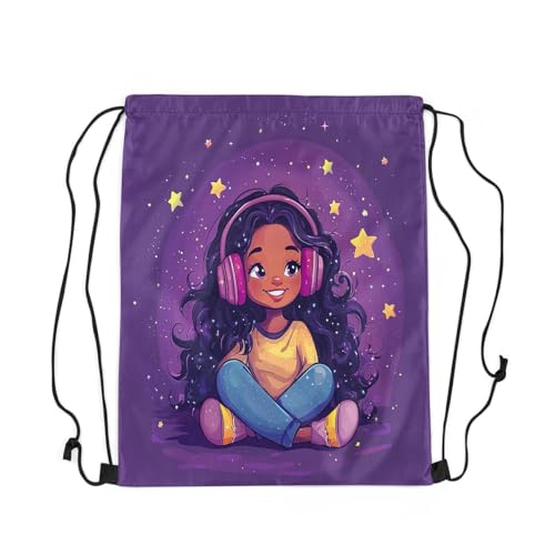 Image of jejeloiu Cute Black Drawstring Backpack 13x15.7inch African American Waterproof Gym Drawstring Bags Music Star Print Sports String Backpack Beach Swim Travel Bag Sackpack