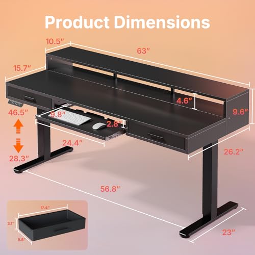 Image of HUANUO 63″ x 26″ Electric Standing Desk with 2 Drawers &24.4″ Large Keyboard Tray, C-Clamp Mount Compatible, Adjustable Computer Desk for Office, Sit Stand Up Desk with 4 Height Presets, Black