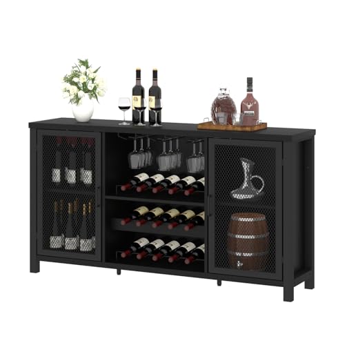 IBF Black Coffee Bar and Liquor Cabinet With Wine Rack Storage, Industrial Kitchen Buffet for Home Living Dining Room, Black Oak, 55 Inch