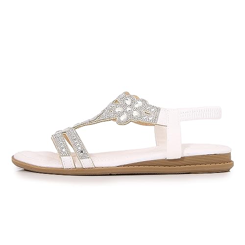 Image of iCKER Womens Rhinestone Strappy Flat Sandals Elastic Ankle Strap Open‑Toe | Sparkling,for wedding,party,evening dates,special occasion,Vacation,Formal