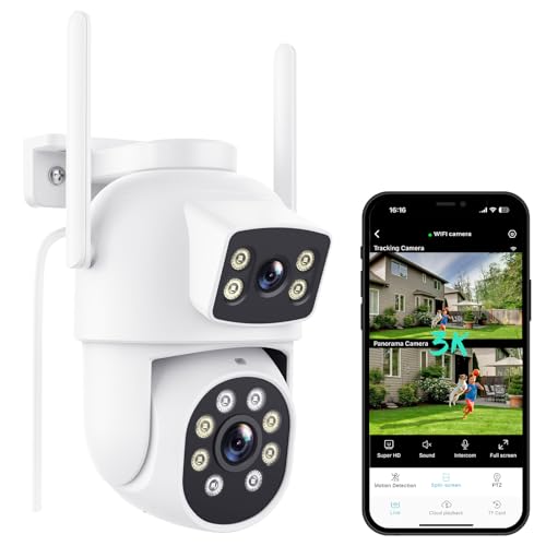 Reobiux 3K Camara Vigilancia WiFi Exterior con Doble Lente, 6MP Cámara IP PTZ Exterior, Detección Humana, Visión Nocturna en Color, Audio Bidireccional, Grabación Continua 7/24, IP66