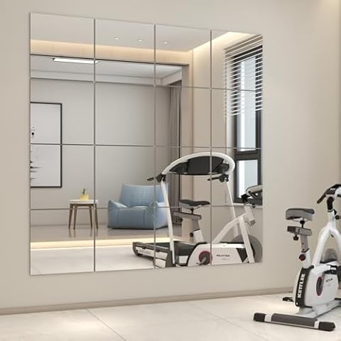 PETAFLOP Gym Mirror Tiles 12"x 12"(16 Pcs), Self Adhesive Mirror Panels for Safe, Wall Mounted Full Body Mirror Tile, Workout Mirrors for Home Gym Door Wardrobe Large Cover