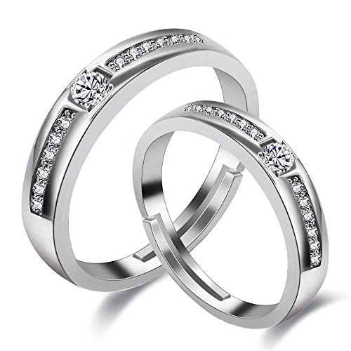 Uloveido A Pair of His and Hers Adjustable Engagement Wedding Band Rings Set, Platinum Plated Matching Couples Love Heart Rings for Women Men LB018