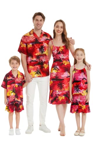 Image of Hawaii Hangover Family Matching Hawaiian Clothes, Sunset Red | Family matching Hawaiian outfits, Sunset Red, lightweight rayon, machine washable, tropical floral print, luaus, cruises