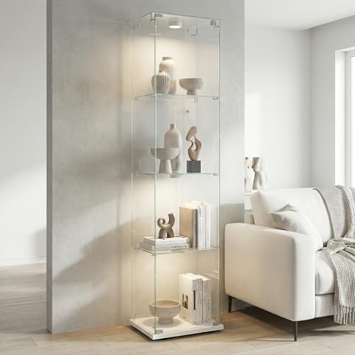 Zorvani Vetrinetta in Vetro,Vetrinetta Espositiva LED,Vetrina Soggiorno Moderna con 4 Ripiani in Vetro con 1Porta e Serratura,Vetrine per Collezionismo,Vetrina negozio (Bianco+LED 1, 1Porta)