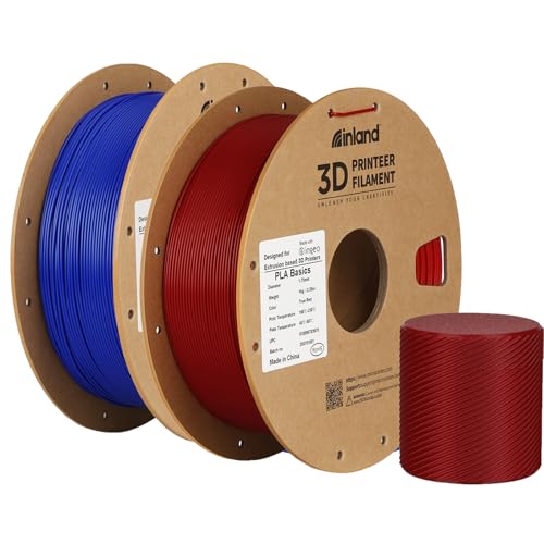 Inland PLA Basics Filament 1.75mm, 1kg Spool – Dimensional Accuracy ±0.02mm, Neatly Wound, Fits Most FDM 3D Printers (Blue & True Red, 2 Pack)
