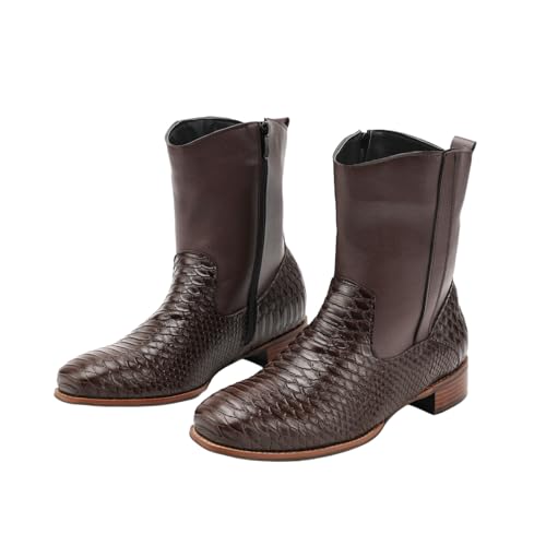 Men's Cowboy Boots Alligator Embossed Leather Square Toe Chunky Heel Side Zipper Mid-Calf Western Boots