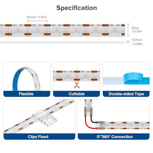 Image of 6.56FT /2M 5V USB LED Light Strip Blue Flexible High Density COB Strips 640LEDs, 8mm LED Tape for Under Cabinet Bedroom No Controller and Power