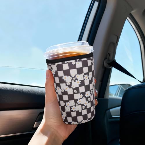 Image of Reusable Insulated Sleeve for Iced Coffee Cup, 3-Pack Coffee Neoprene Drink Sleeve for Cold & Hot Drinks, Beverage Holder for Iced Coffee (Daisy Checker)