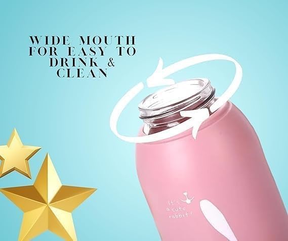 Image of Aider Rabbit Glass Water Bottle 350ml for Kids & Girls | Cute Bunny Printed Water Bottle with Leakproof Lid | Portable Hot & Cold Drinking Bottle for School, Office, Travel