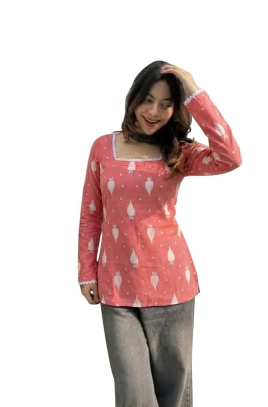 Image of Rudra Creation New Printed top with dori for Skin Fitting 601-Peach