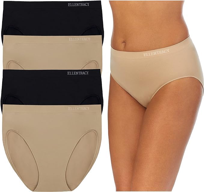 ELLEN TRACY Womens Seamless Underwear - No-Show Full-Coverage Comfort - Stretchy High Cut Panties for Everyday Wear - 4-Pack
