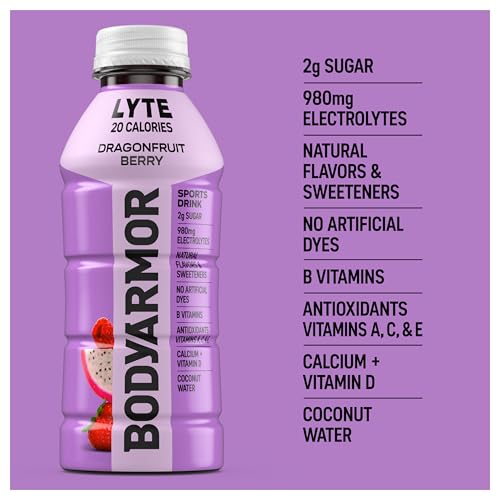 Image of BODYARMOR Lyte Sports Drink Low-Calorie Beverage, Dragonfruit Berry, Coconut Water Hydration, Natural Flavors with Vitamins, Potassium-Packed Electrolytes, 16 Fl Oz (Pack of 12)