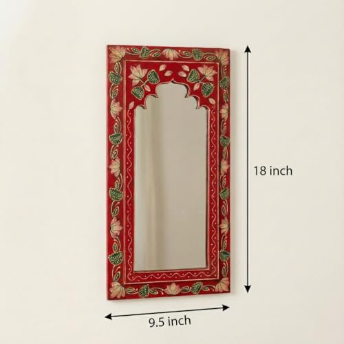 Image of Heritage Red Handpainted Wooden Mirror | Handcrafted Arch Design with Floral Motifs | Rajasthani Traditional Jharokha Style Mirror | Framed Wall Hanging for Home, Bedroom |18x9.5 Inch