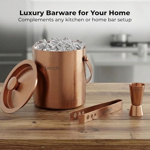 Image of O' Holic by Perch Ice Bucket Trio Stainless Steel - Double Wall Ice Bucket 1.5 Litre with Lid, Ice Tongs & 30 /60 ml Jigger | Insulated Cocktail Barware for Home, Parties & Gifting|Rose Gold