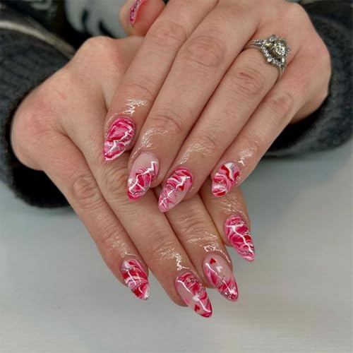 Image of Valentines Press on Nails Pink Fake Nails Shiny Glitter Ombre Glue on Nail with Design Glossy Full Cover Medium Almond Stick on Nail for Women Manicure 24Pcs