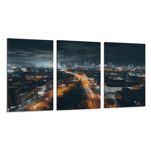 Toile murale 3 panneaux vue nocturne pour salon moderne triptyque vertical