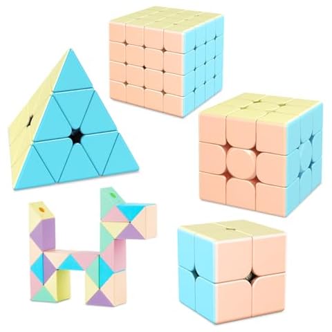 TUNJILOOL Speed Cube Set, 2x2 3x3 4x4 Pyramid Cube 24 Blocks Twisty Ruler Magic Snake Cube Smoothly Stickerless Puzzle Cube 5Pack(Macroon) Cover