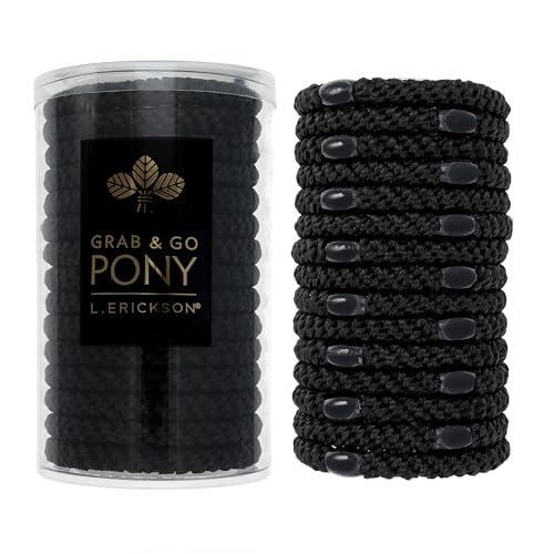 L. Erickson Hair Ties for Thick Hair, Grab & Go Pony Tube 15 Pack Neutral Tones - No-Crease Damage-Free Bands with Strong Hold for Women & Men, Black