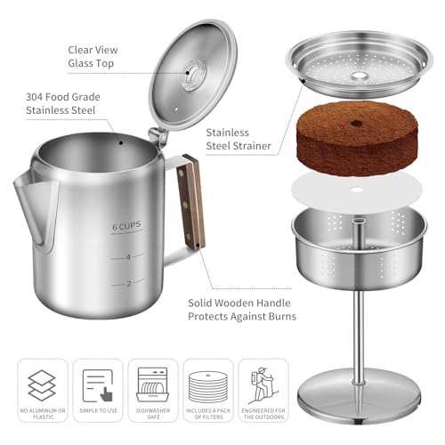 Image of Coffee Percolator with 100pcs Coffee Filters - 6 Cups | Durable Stainless Steel Material Camping Coffee Pot| Brew Coffee On Fire, Grill or Stovetop | Ideal for Home, Camping