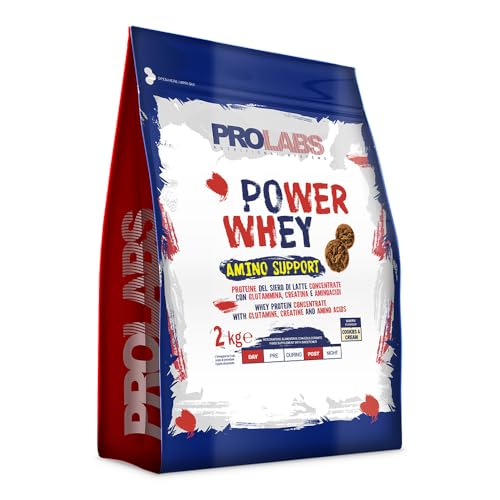 Prolabs – Proteine In Polvere Power Whey Amino Support Concentrate Ricche Di Aminoacidi Essenziali E Bcaa, Whey Protein + Creatina, Glutammina, Vitamina B6 Crescita, Forza, Recupero 2Kg, Cookies&Cream