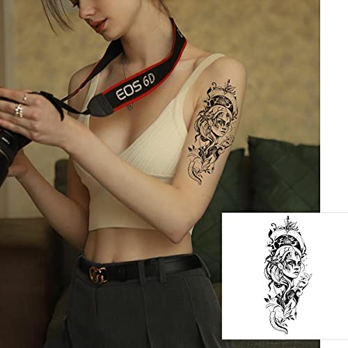 Db11 Large Temporary Sleeve Tattoos For Women Girls 10 Sheets, Fake Waterproof Sexy 3D Half Arm Leg Tattoo Stickers Pack Rose Lotus Flower Skull Body Makeup Decor Halloween Costume Accessories #TOP3
