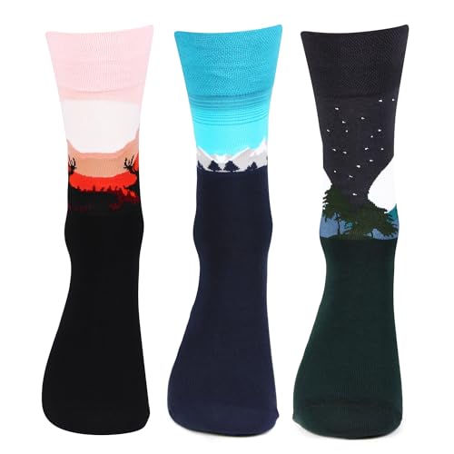 Image of Bonjour Men's Seasonal Reindeer Trio Designer Socks ||Men's Bold Crew length socks || Socks for Men || Free Size Multicolor Calf Length Men Socks - Pack of 3