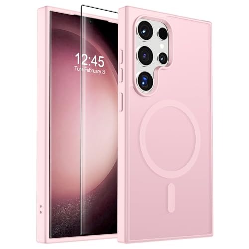 Image of SUPFINE Magnetic for Samsung Galaxy S23 Ultra Case with Screen Protector, (Built-in Magnets) (Military Grade Drop Protection) Slim Translucent Shockproof Phone Case,Pink
