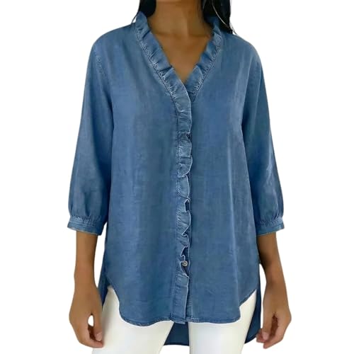 Denim Shirt Women Trendy Ruffle Trim Button Down V Neck Jean Tops 3/4 Sleeves Lightweight Chambray Shirts Smart Casual Blouses Cowboy Western Tops Office Work Irregular Hem Tunic Tops,Light Blue,L