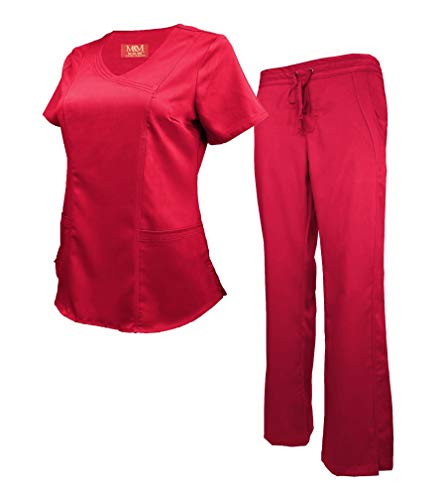 Natural Uniforms M&M SCRUBS Women's Super Soft Stretch Mock Wrap Scrub Set (Medium, Red)